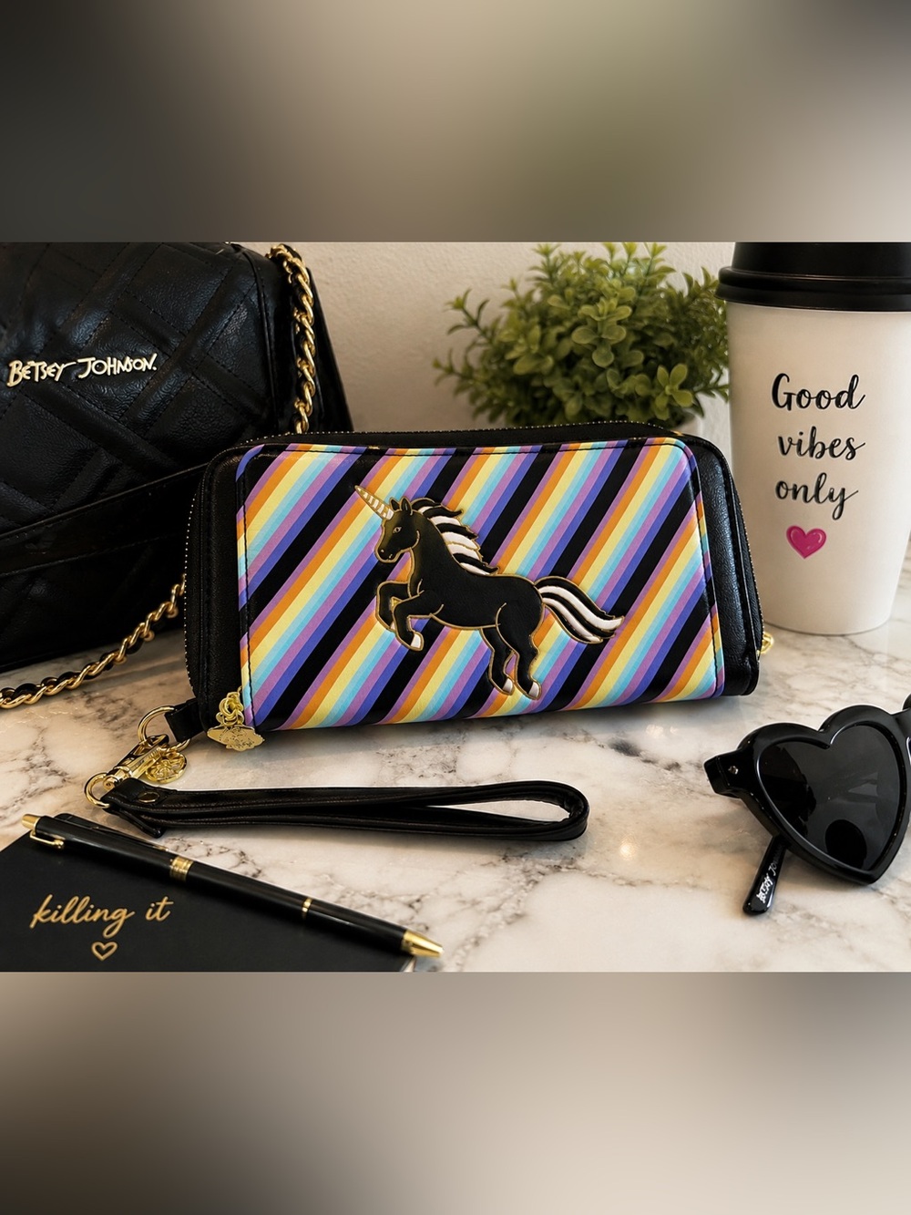 Luv Betsey Johnson Unicorn Rainbow Double Zip Wristlet Wallet